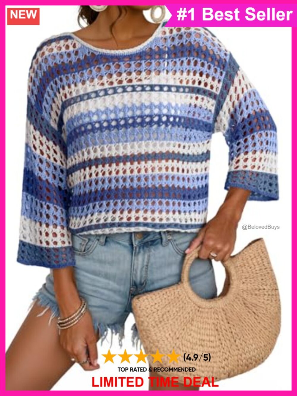 Womens Crochet Hollow Out Striped Color Block 3/4 Sleeve Sweater Pullover Cover